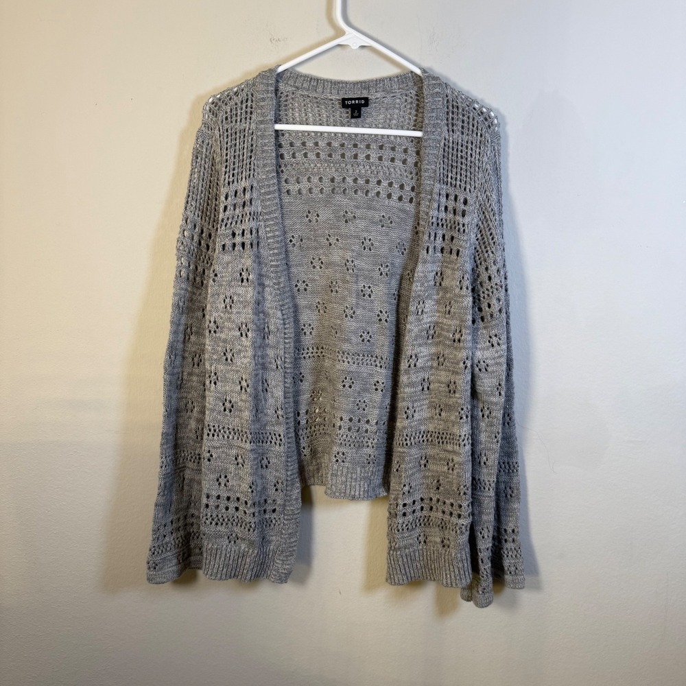 Torrid Womens Grey Pointelle Crochet Knit Open Front Cardigan Sweater Size 2 2X